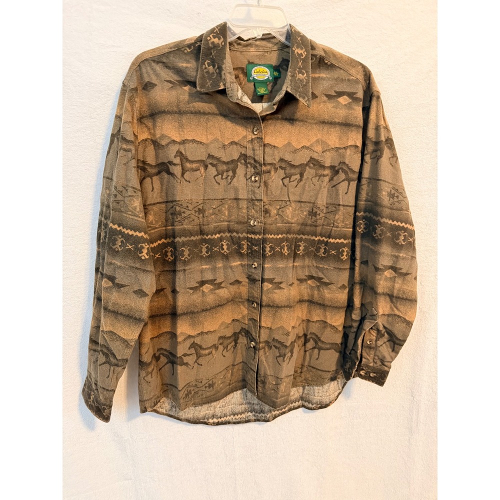 Cabelas Women Horse Print Western Flannel Shirt 2XL Brown Southwestern Cotton
